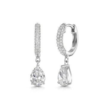Silver Cubic Zirconia Pear Drop Huggie Hoop Earrings