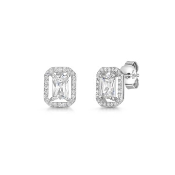 Silver Emerald Cut Cubic Zirconia Halo Earrings