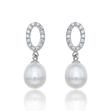 Sterling Silver Pearl & Cubic Zirconia Oval Drop Earrings
