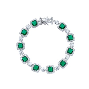 Silver Cushion Cut Forest Green Crystal and Cubic Zirconia Halo Bracelet