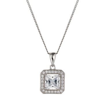 Silver Princess Cut Cubic Zirconia Halo Pendant