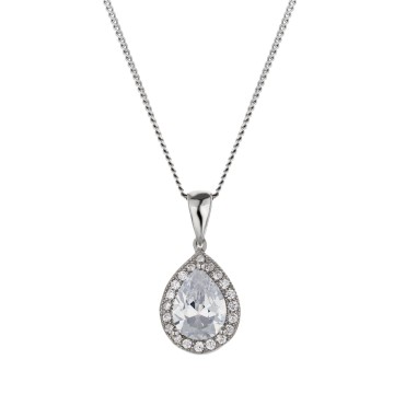 Silver Pear Cut Cubic Zirconia Halo Pendant