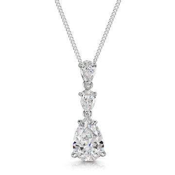 Silver Pear Cut Cubic Zirconia 3 Stone Drop Pendant