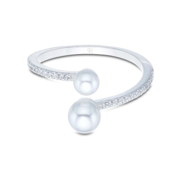 Sterling Silver Double Pearl And Micropave Cubic Zirconia Twist Ring