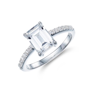 Silver Emerald Cut Cubic Zirconia Solitaire Ring