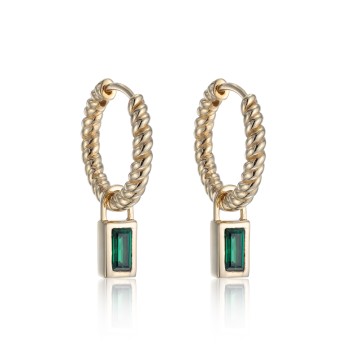 Yellow Gold Plated Green Cubic Zirconia Twisted Hoop Earrings