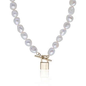 Yellow Gold Plated Pearl and Padlock Necklet