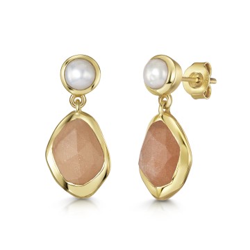 18ct Yellow Gold Vermeil Peach Moonstone & Pearl Earrings