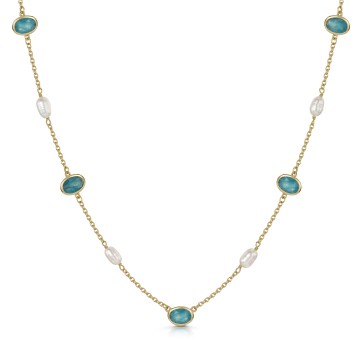 18ct Yellow Gold Vermeil Green White Jade & Pearl Necklet