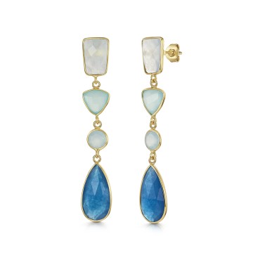 18ct Yellow Gold Vermeil Light Calci Jade, Paraiba Onyx, Blue Calct & Blue Black Jade Drop Earrings
