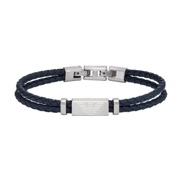 Emporio Armani Essential Stainless Steel & Blue Leather Mens Logo Bracelet EGS2995040