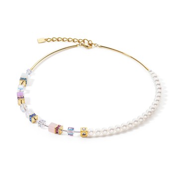 Coeur De Lion Yellow Gold Tone Pink Pastel Geocube and Pearl Beaded Necklace 5086/10-1522
