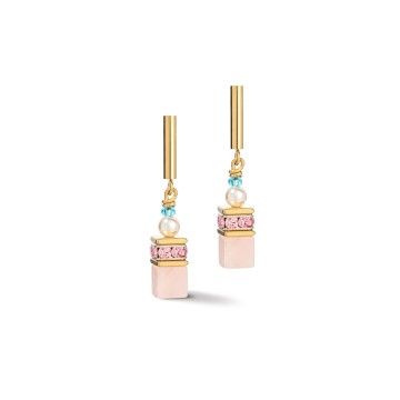 Coeur De Lion Yellow Gold Tone Pink Pastel Geocube and Pearl Drop Earrings 5086/21-1522