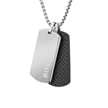 BOSS Mens Devon Steel & Leather Double Tag Pendant Necklace 1580760 
