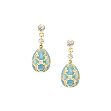 Fabergé Heritage Yellow Gold Diamond & Turquoise Guilloché Enamel Egg Drop Earrings 1
