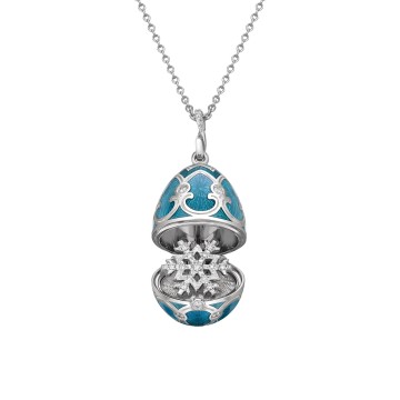 Fabergé Heritage White Gold Teal Guilloché Enamel Snowflake Surprise Locket Pendant 1151FP1919