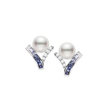 Mikimoto Ocean 1.05ct Sapphire & 0.29ct Diamond 8mm Pearl Earrings PEL 10338SDW