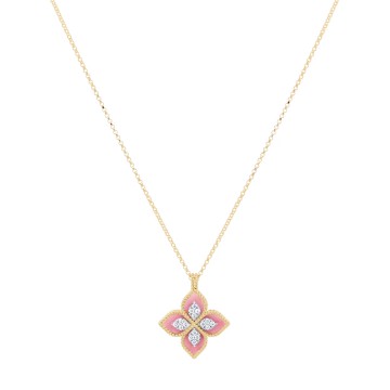 Roberto Coin Princess Flower 18ct Yellow Gold 0.18ct Diamond & Rhodonite Pendant ADV888CL2462 YW