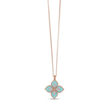 Roberto Coin Princess Flower 18ct Rose Gold Diamond and Turquoise Ladies Pendant ADV888CL1837_03 RW