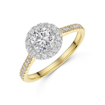 18ct Yellow Gold Round Brilliant 1.00ct Diamond Halo Ring with Diamond Shoulders
