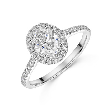 Platinum Lab Grown 1.00ct Oval Diamond Ring with Round Brilliant Diamond Halo and Shoulders