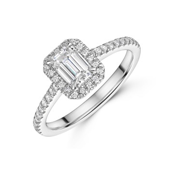 Platinum Lab Grown 0.75ct Emerald Diamond Shoulders Halo Ring