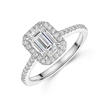 Platinum Lab Grown 1.00ct Emerald Diamond Shoulders Halo Ring