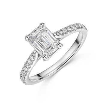 Platinum 1.00ct Emerald Cut Lab Grown Diamond Solitaire Ring with Diamond Shoulders 1.25ct