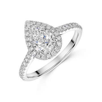 Platinum Lab Grown 1.00ct Pear Cut Diamond Halo Solitaire Ring with Round Brilliant Diamond Shoulders