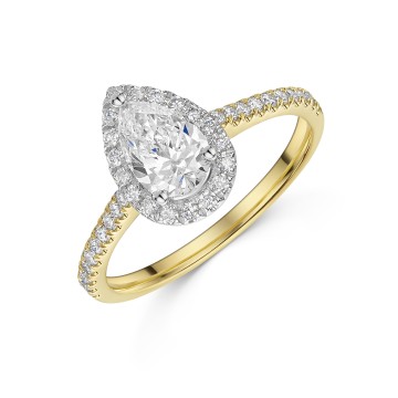 18ct Yellow Gold Pear Cut 0.75ct Lab Grown Diamond Halo Ring with Diamond Shoulders