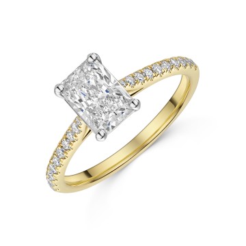18ct Yellow Gold Radiant Cut 1.50ct Lab Grown Diamond 4 Claw Ring with Diamond Shoulders