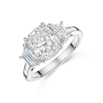 Platinum Lab Grown Cushion Cut and Trapozied 4.05ct Diamond 3 Stone Ring