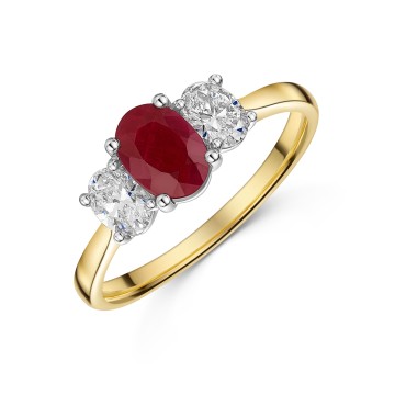 9ct Yellow Gold 0.85ct Oval Ruby and 0.50ct Oval Lab Grown Diamond 3 Stone Ring