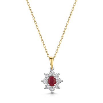 9ct Yellow Gold 0.50ct Oval Ruby and Lab Grown Round Brilliant Diamond Cluster Pendant