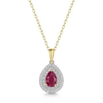 9ct Yellow Gold 0.83ct Pear Cut Ruby with Double Lab Diamond Halo Pendant