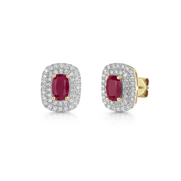 9ct Yellow Gold 1.80ct Cushion Cut Ruby Earrings with Double Lab Grown Diamond Halo
