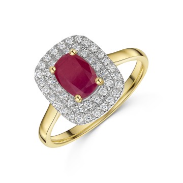 9ct Yellow Gold 1.17ct Cushion Cut Ruby with Double Lab Diamond Halo Ring