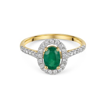 9ct Yellow Gold 0.70ct Oval Cut Emerald with Lab Grown Diamond Halo and Shoulders