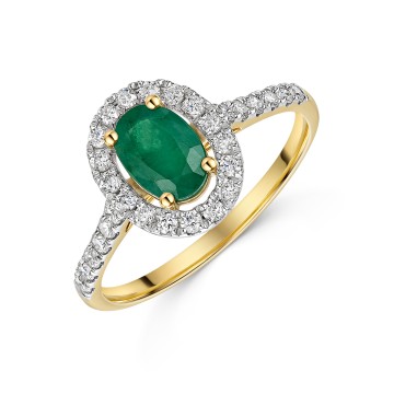9ct Yellow Gold 0.76ct Oval Emerald with Lab Grown Diamond Halo Solitaire Ring
