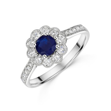 9ct White Gold 0.60ct Sapphire and Lab Grown Diamond Halo Solitaire Ring