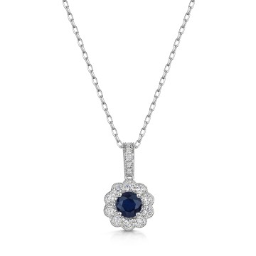 9ct White Gold 0.60ct Round Brilliant Sapphire and Lab Grown Diamond Halo Pendant