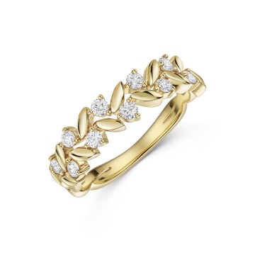 9ct Yellow Gold Round Brilliant 0.33ct Diamond Leaf Style Fancy Band