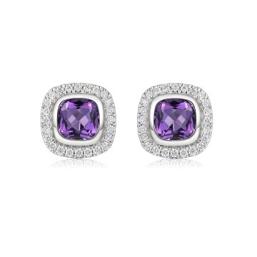 18ct White Gold Cushion Cut 1.15ct Amethyst and Diamond Halo Earrings
