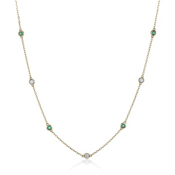 9ct Yellow Gold Round Brilliant 0.15ct Diamond Emerald Necklet