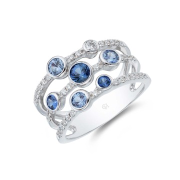 18ct White Gold Brilliant Diamond 0.34ct and Sapphire 0.88ct Rub Over Fancy Band