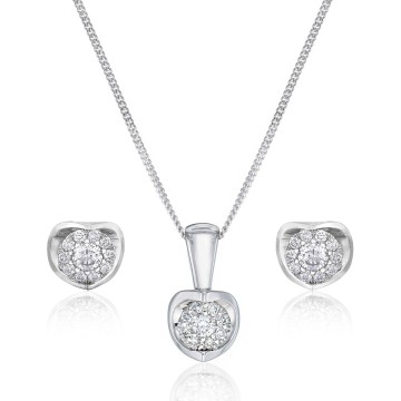 9ct White Gold Round Brilliant Open Cluster Diamond Pendant Necklace and Diamond Earrings Set