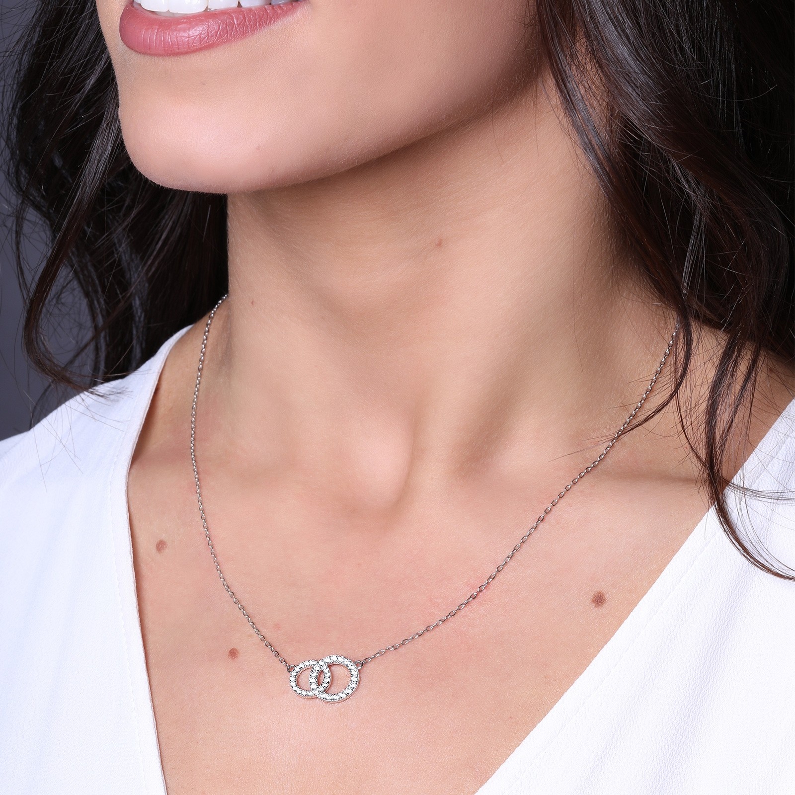 Silver Cubic Zirconia Double Circle Necklace