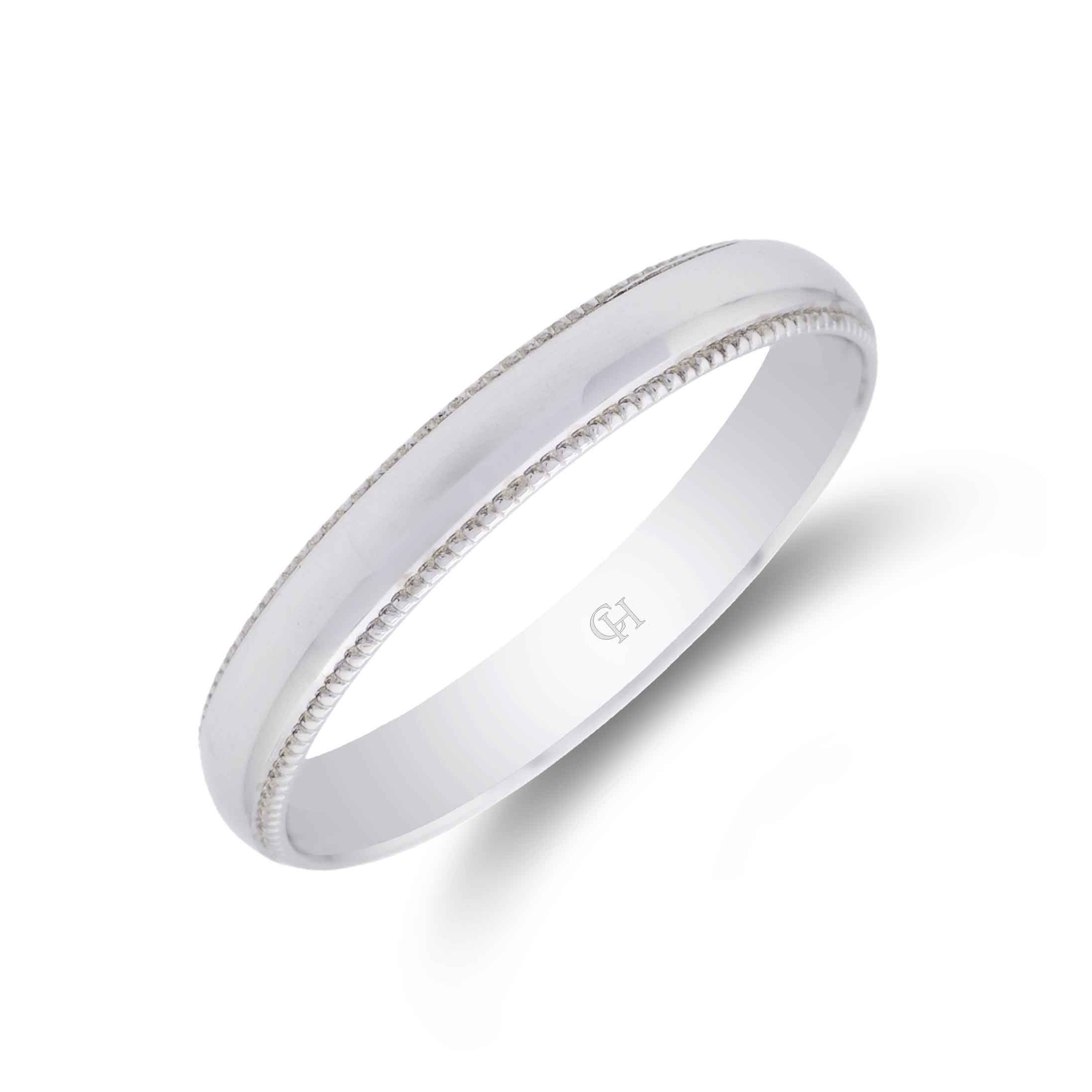 9ct White Gold Beaded Edge Wedding Ring 3mm
