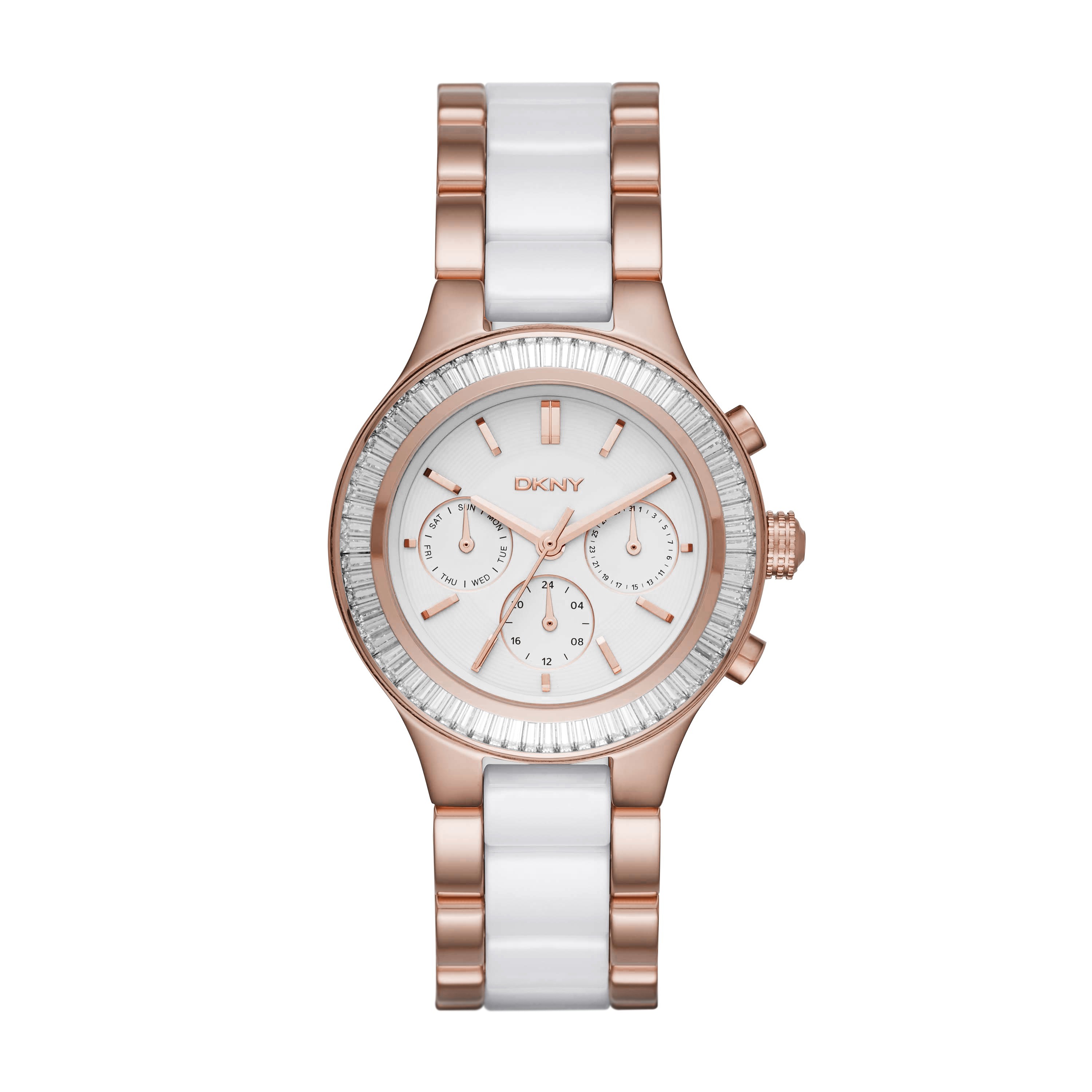 Ladies Dkny Chambers Rose Gold Plated And White Ceramic Bracelet Watch