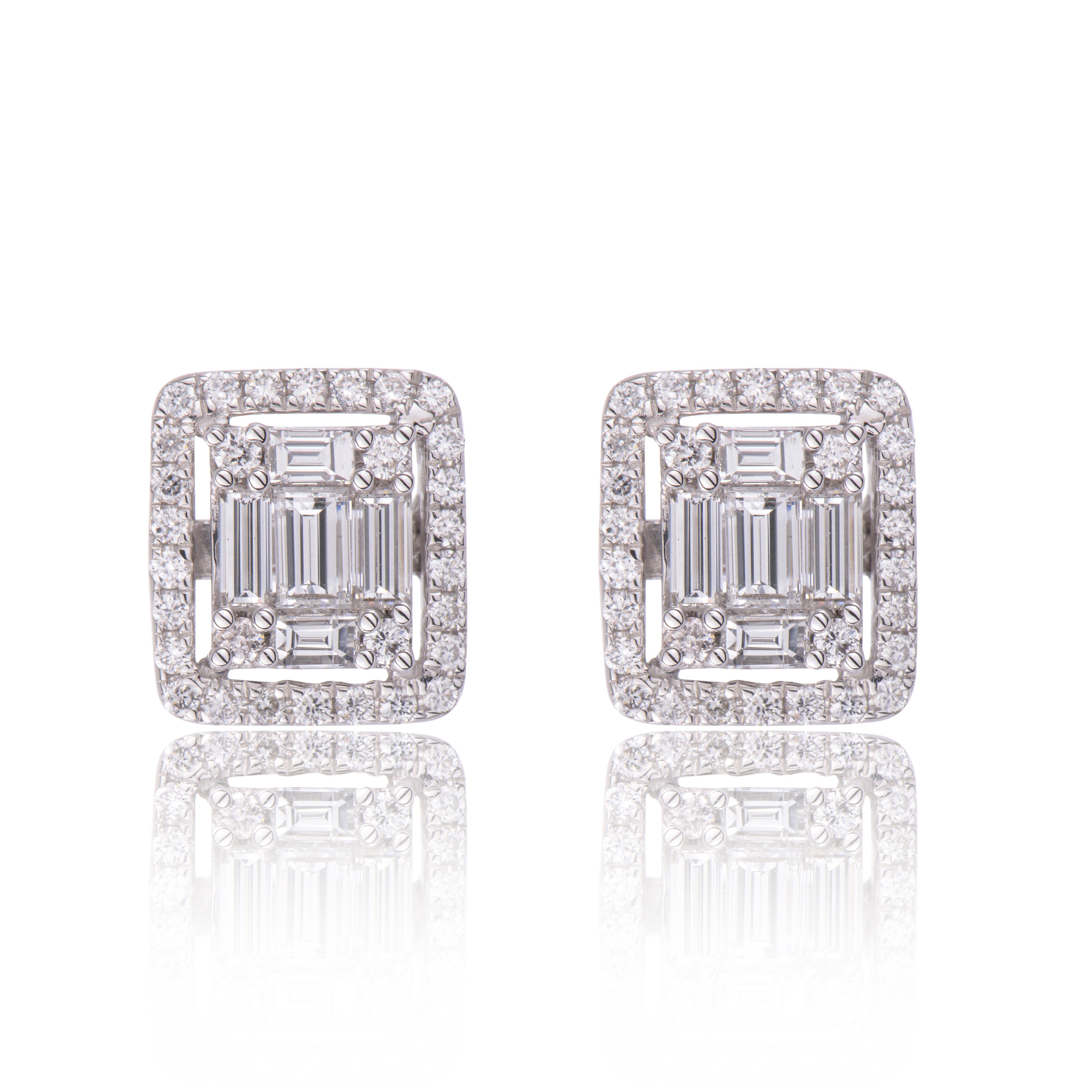 18ct White Gold 0.85ct Round Brilliant And Baguette Cut Diamond Cluster Earrings